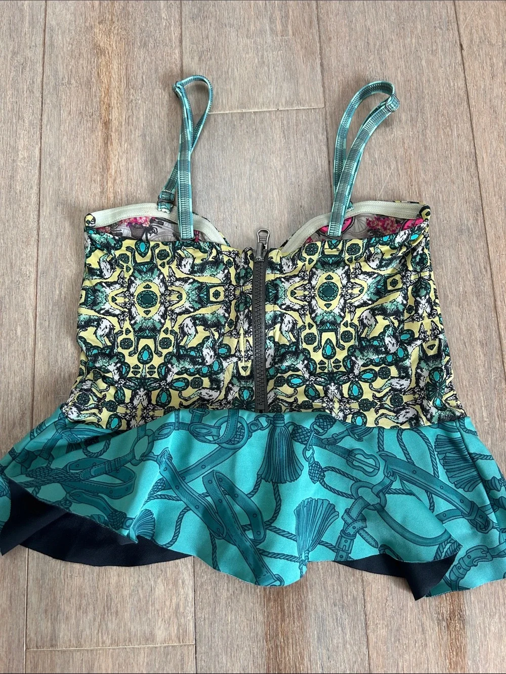 Maaji ruffle Teal, Yellow, Black Patterned Swim Tankini Top size M reversible